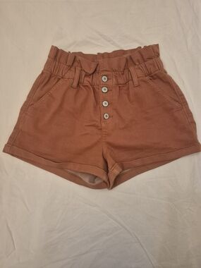 High-Waist Paperbag Button-Front Shorts in Terracotta